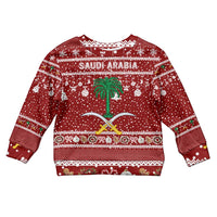 Saudi Arabia Christmas Kid Ugly Christmas Sweater with Red Festive Pattern, National Emblem with Palm and Swords, and Map Motif - Wonder Print Shop