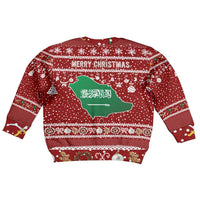 Saudi Arabia Christmas Kid Ugly Christmas Sweater with Red Festive Pattern, National Emblem with Palm and Swords, and Map Motif - Wonder Print Shop