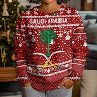 Saudi Arabia Christmas Kid Ugly Christmas Sweater with Red Festive Pattern, National Emblem with Palm and Swords, and Map Motif - Wonder Print Shop