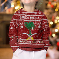 Saudi Arabia Christmas Kid Ugly Christmas Sweater with Red Festive Pattern, National Emblem with Palm and Swords, and Map Motif - Wonder Print Shop