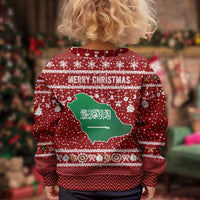 Saudi Arabia Christmas Kid Ugly Christmas Sweater with Red Festive Pattern, National Emblem with Palm and Swords, and Map Motif - Wonder Print Shop