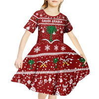 Saudi Arabia Christmas Kid Short Sleeve Dress with Red Festive Pattern, National Emblem with Palm and Swords, and Map Motif - Wonder Print Shop