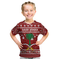 Saudi Arabia Christmas Kid T Shirt with Red Festive Pattern, National Emblem with Palm and Swords, and Map Motif - Wonder Print Shop
