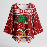 Saudi Arabia Christmas Kimono Sleeve Blouse with Red Festive Pattern, National Emblem with Palm and Swords, and Map Motif - Wonder Print Shop