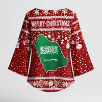 Saudi Arabia Christmas Kimono Sleeve Blouse with Red Festive Pattern, National Emblem with Palm and Swords, and Map Motif - Wonder Print Shop