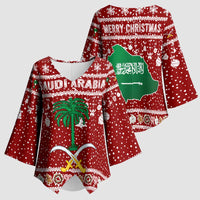Saudi Arabia Christmas Kimono Sleeve Blouse with Red Festive Pattern, National Emblem with Palm and Swords, and Map Motif - Wonder Print Shop