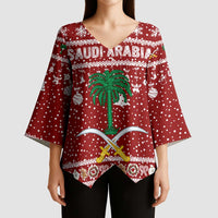 Saudi Arabia Christmas Kimono Sleeve Blouse with Red Festive Pattern, National Emblem with Palm and Swords, and Map Motif - Wonder Print Shop