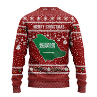 Saudi Arabia Christmas Ugly Christmas Sweater with Red Festive Pattern, National Emblem with Palm and Swords, and Map Motif - Wonder Print Shop