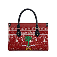 Saudi Arabia Christmas Leather Bag with Red Festive Pattern, National Emblem with Palm and Swords, and Map Motif - Wonder Print Shop