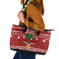 Saudi Arabia Christmas Leather Tote Bag with Red Festive Pattern, National Emblem with Palm and Swords, and Map Motif - Wonder Print Shop