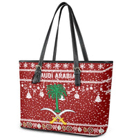 Saudi Arabia Christmas Leather Tote Bag with Red Festive Pattern, National Emblem with Palm and Swords, and Map Motif - Wonder Print Shop