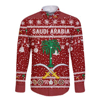 Saudi Arabia Christmas Long Sleeve Button Shirt with Red Festive Pattern, National Emblem with Palm and Swords, and Map Motif - Wonder Print Shop