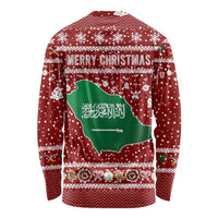 Saudi Arabia Christmas Long Sleeve Shirt with Red Festive Pattern, National Emblem with Palm and Swords, and Map Motif - Wonder Print Shop