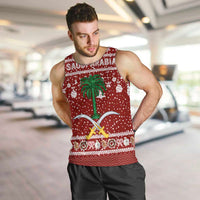 Saudi Arabia Christmas Men Tank Top with Red Festive Pattern, National Emblem with Palm and Swords, and Map Motif - Wonder Print Shop