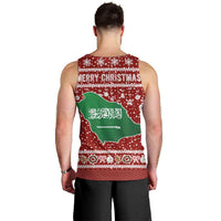Saudi Arabia Christmas Men Tank Top with Red Festive Pattern, National Emblem with Palm and Swords, and Map Motif - Wonder Print Shop