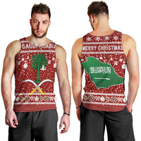 Saudi Arabia Christmas Men Tank Top with Red Festive Pattern, National Emblem with Palm and Swords, and Map Motif - Wonder Print Shop