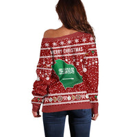 Saudi Arabia Christmas Off Shoulder Sweater with Red Festive Pattern, National Emblem with Palm and Swords, and Map Motif - Wonder Print Shop