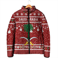 Saudi Arabia Christmas Padded Jacket with Red Festive Pattern, National Emblem with Palm and Swords, and Map Motif - Wonder Print Shop
