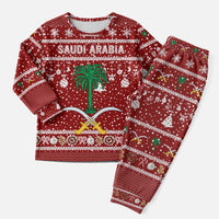 Saudi Arabia Christmas Pajama Set with Red Festive Pattern, National Emblem with Palm and Swords, and Map Motif - Wonder Print Shop