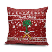 Saudi Arabia Christmas Pillow Cover with Red Festive Pattern, National Emblem with Palm and Swords, and Map Motif - Wonder Print Shop