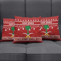 Saudi Arabia Christmas Pillow Cover with Red Festive Pattern, National Emblem with Palm and Swords, and Map Motif - Wonder Print Shop