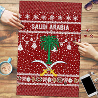 Saudi Arabia Christmas Puzzle with Red Festive Pattern, National Emblem with Palm and Swords, and Map Motif - Wonder Print Shop