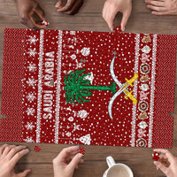 Saudi Arabia Christmas Puzzle with Red Festive Pattern, National Emblem with Palm and Swords, and Map Motif - Wonder Print Shop