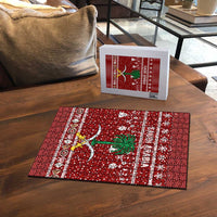 Saudi Arabia Christmas Puzzle with Red Festive Pattern, National Emblem with Palm and Swords, and Map Motif - Wonder Print Shop