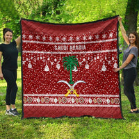 Saudi Arabia Christmas Quilt with Red Festive Pattern, National Emblem with Palm and Swords, and Map Motif - Wonder Print Shop