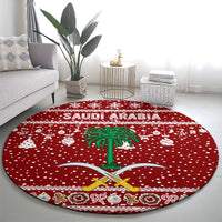 Saudi Arabia Christmas Round Carpet with Red Festive Pattern, National Emblem with Palm and Swords, and Map Motif - Wonder Print Shop