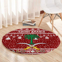 Saudi Arabia Christmas Round Carpet with Red Festive Pattern, National Emblem with Palm and Swords, and Map Motif - Wonder Print Shop