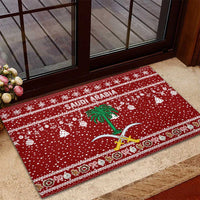 Saudi Arabia Christmas Rubber Doormat with Red Festive Pattern, National Emblem with Palm and Swords, and Map Motif - Wonder Print Shop
