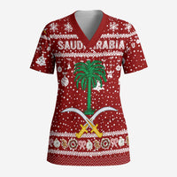 Saudi Arabia Christmas Scrub Top with Red Festive Pattern, National Emblem with Palm and Swords, and Map Motif - Wonder Print Shop