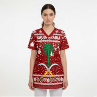 Saudi Arabia Christmas Scrub Top with Red Festive Pattern, National Emblem with Palm and Swords, and Map Motif - Wonder Print Shop