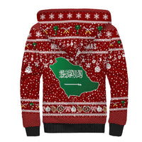 Saudi Arabia Christmas Sherpa Hoodie with Red Festive Pattern, National Emblem with Palm and Swords, and Map Motif - Wonder Print Shop
