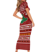 Saudi Arabia Christmas Short Sleeve Bodycon Dress with Red Festive Pattern, National Emblem with Palm and Swords, and Map Motif - Wonder Print Shop