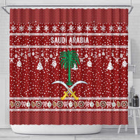 Saudi Arabia Christmas Shower Curtain with Red Festive Pattern, National Emblem with Palm and Swords, and Map Motif - Wonder Print Shop