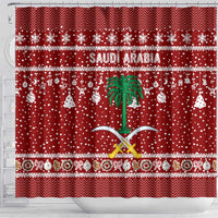 Saudi Arabia Christmas Shower Curtain with Red Festive Pattern, National Emblem with Palm and Swords, and Map Motif - Wonder Print Shop
