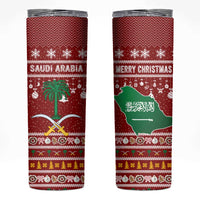 Saudi Arabia Christmas Skinny Tumbler with Red Festive Pattern, National Emblem with Palm and Swords, and Map Motif - Wonder Print Shop