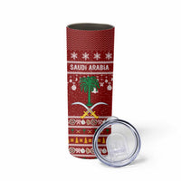 Saudi Arabia Christmas Skinny Tumbler with Red Festive Pattern, National Emblem with Palm and Swords, and Map Motif - Wonder Print Shop