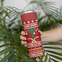 Saudi Arabia Christmas Skinny Tumbler with Red Festive Pattern, National Emblem with Palm and Swords, and Map Motif - Wonder Print Shop