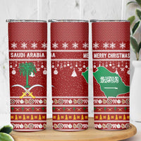 Saudi Arabia Christmas Skinny Tumbler with Red Festive Pattern, National Emblem with Palm and Swords, and Map Motif - Wonder Print Shop