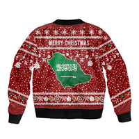 Saudi Arabia Christmas Sleeve Zip Bomber Jacket with Red Festive Pattern, National Emblem with Palm and Swords, and Map Motif - Wonder Print Shop