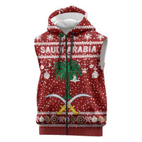 Saudi Arabia Christmas Sleeveless Zip Hoodie with Red Festive Pattern, National Emblem with Palm and Swords, and Map Motif - Wonder Print Shop