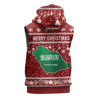 Saudi Arabia Christmas Sleeveless Zip Hoodie with Red Festive Pattern, National Emblem with Palm and Swords, and Map Motif - Wonder Print Shop