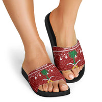 Saudi Arabia Christmas Slide Sandals with Red Festive Pattern, National Emblem with Palm and Swords, and Map Motif - Wonder Print Shop