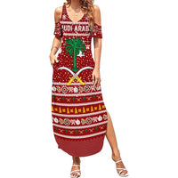 Saudi Arabia Christmas Summer Maxi Dress with Red Festive Pattern, National Emblem with Palm and Swords, and Map Motif - Wonder Print Shop