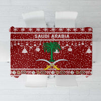 Saudi Arabia Christmas Tablecloth with Red Festive Pattern, National Emblem with Palm and Swords, and Map Motif - Wonder Print Shop