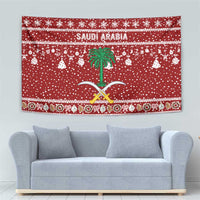 Saudi Arabia Christmas Tapestry with Red Festive Pattern, National Emblem with Palm and Swords, and Map Motif - Wonder Print Shop