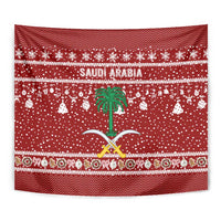 Saudi Arabia Christmas Tapestry with Red Festive Pattern, National Emblem with Palm and Swords, and Map Motif - Wonder Print Shop